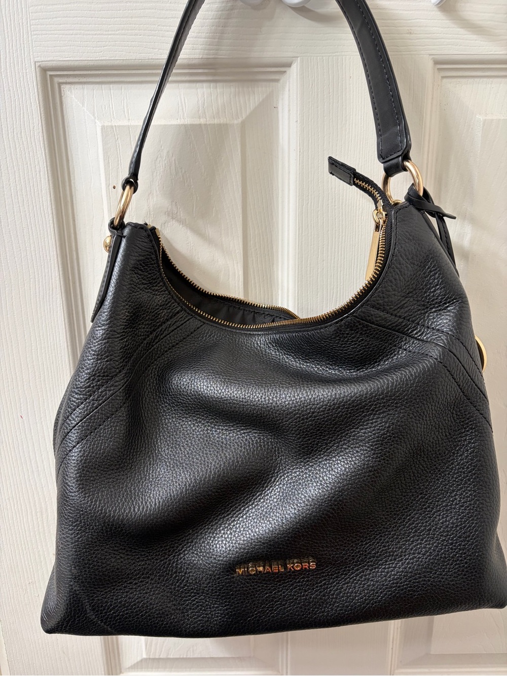 Michael Kors Black Pebbled Leather Shoulder Bag with Gold Hardware